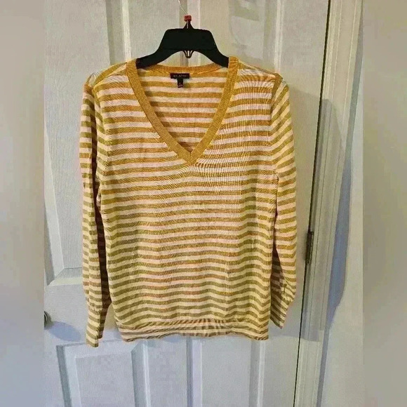 Talbots Cotton Yellow Striped V-Neck Pullover Tennis Sweater Size Large - Picture 1 of 3